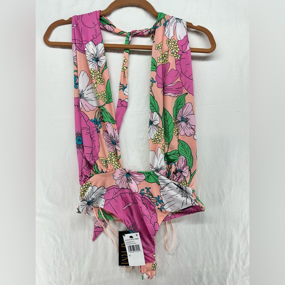 AFRM Floral Halter Bodysuit Deep Plunge Spring Blush Bouquet Size XS Vacation